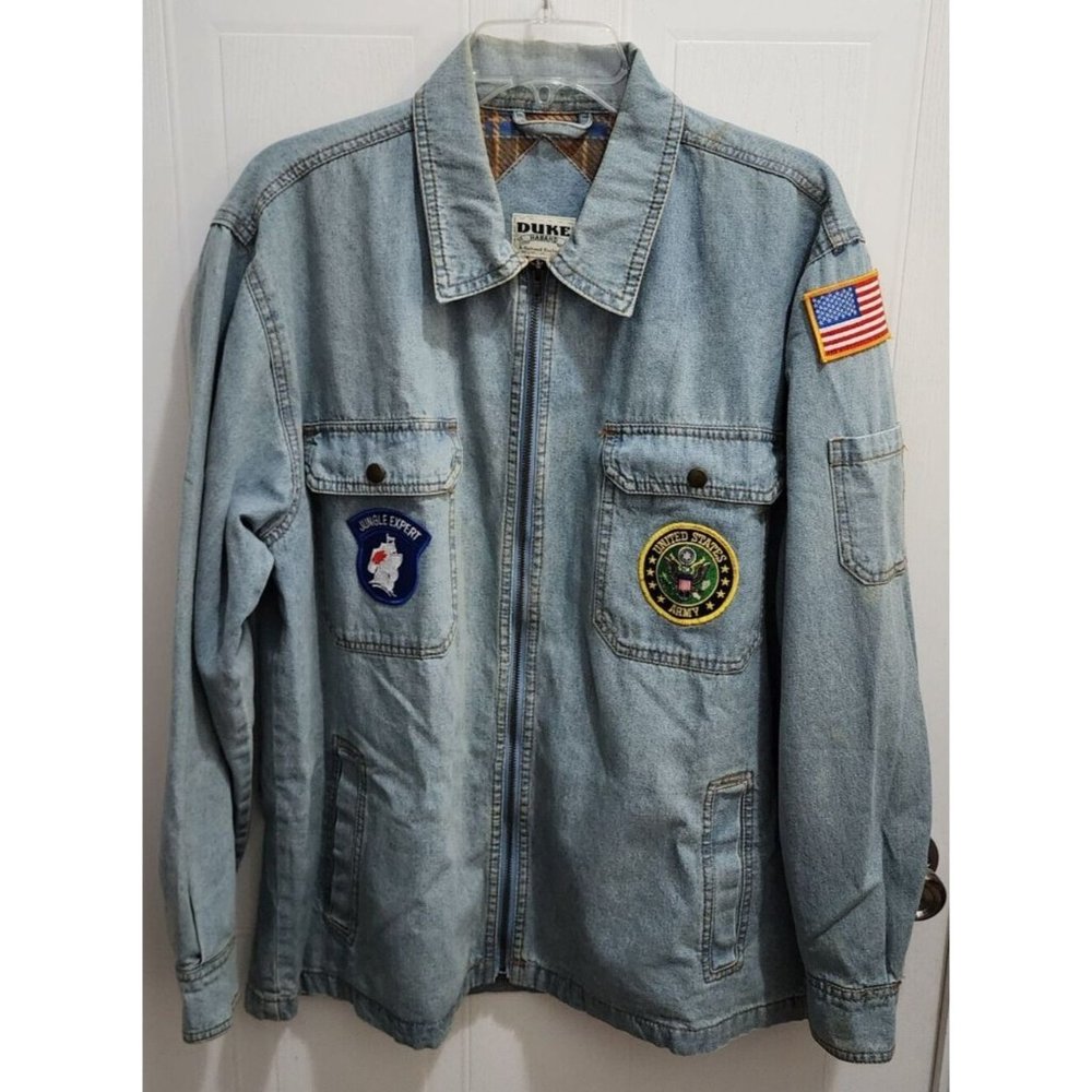 VTG Duke Haband USA Army Jungle Patch Flannel Lined Denim Full Zip Jacket Size M